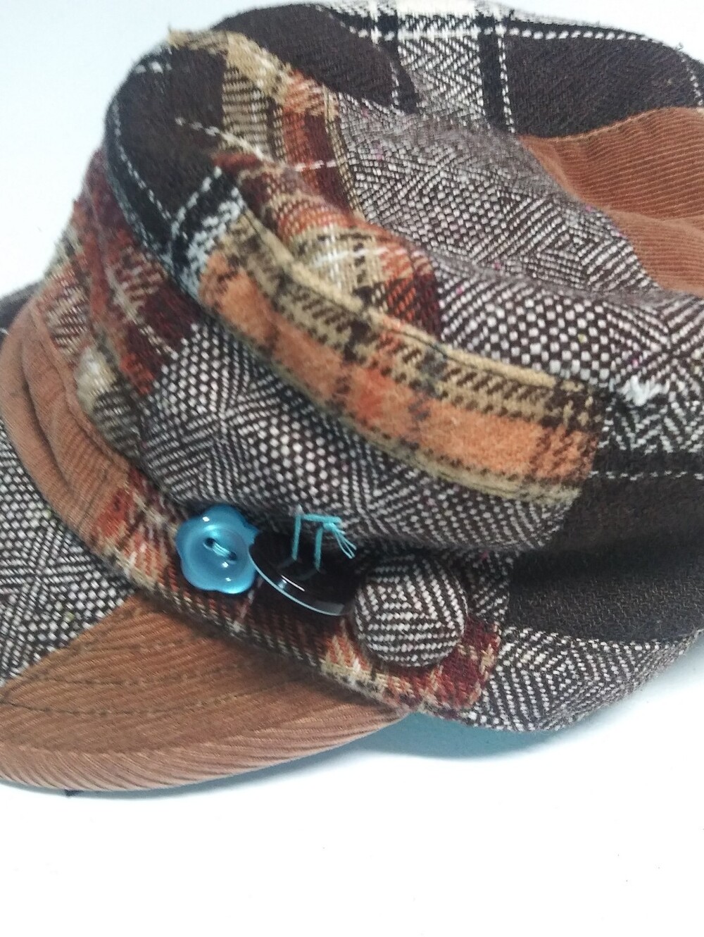 MUDD Vintage Y2K Brown Plaid Patchwork Cap with Blue Button Paperboy Hat - Picture 4 of 12